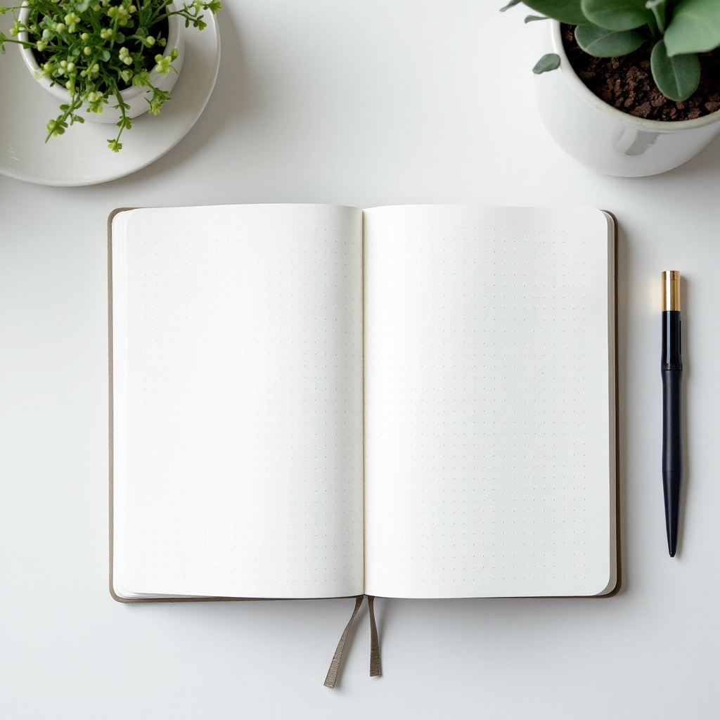 Flat-lay overhead shot of dotted notebook open showing grid pattern with sample bullet journal layout, natural window lighting