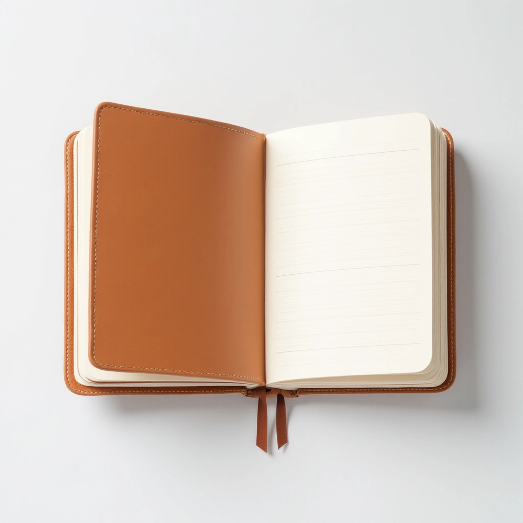 Leather-bound study journal with A5 dimensions, thick paper, genuine leather cover in brown tone