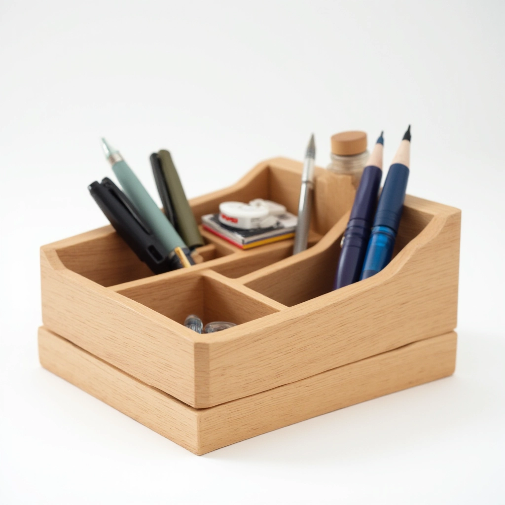 Modular oak wood desk organizer with adjustable compartments for pens and supplies, natural wood finish
