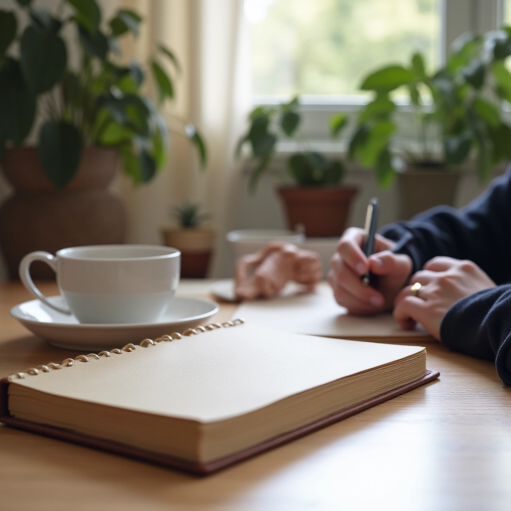 Person writing in leather-bound journal at wooden study desk with coffee cup and plants, natural window lighting, overhead perspective
